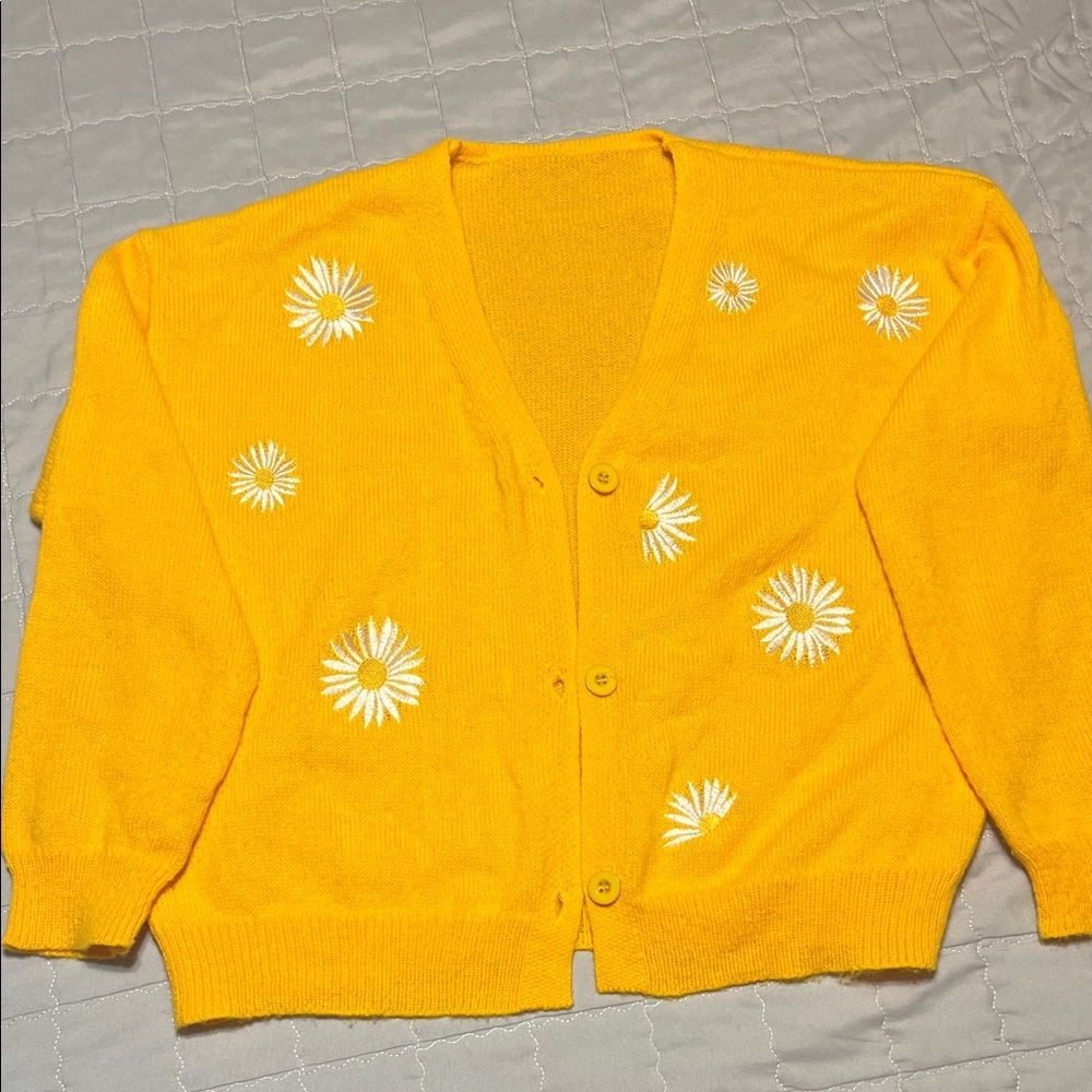 Bright Yellow Women's Cardigan with Floral Embroidery